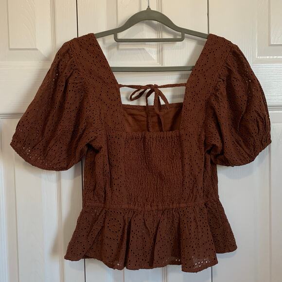 Band of the Free (FKA Band of Gypsies) brown smocked eyelet boho top XS - Picture 2 of 8